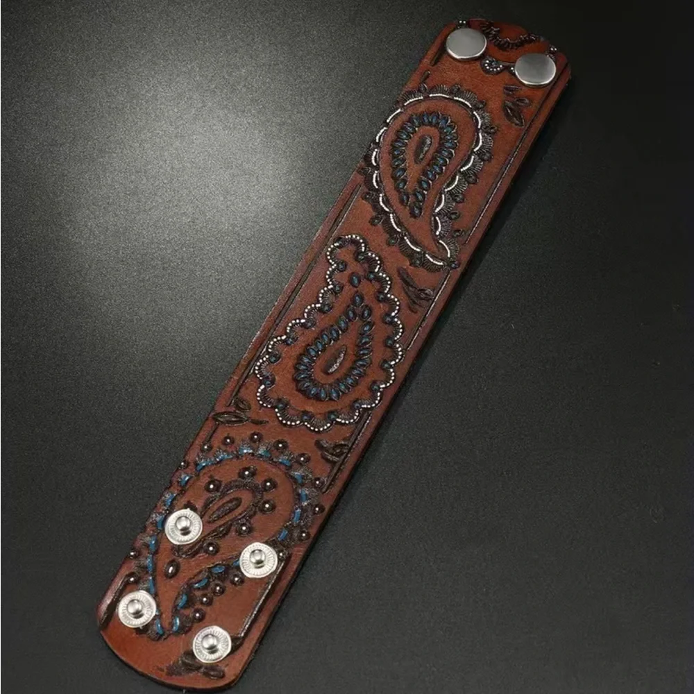 1pc Trendy‎ Creative Pu Leather Bracelet Carved Oil Drop Punk Braided Decorative